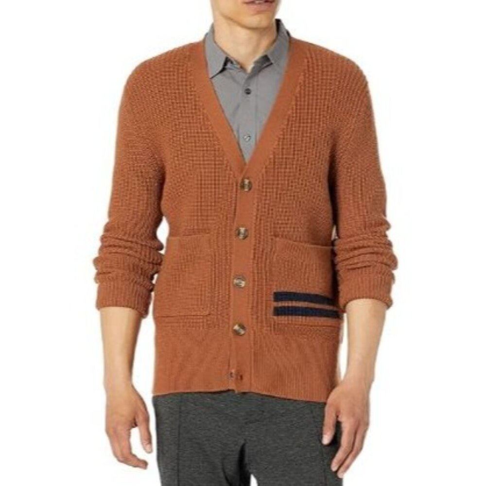 Label Go To Cardi Button Up Knit Sweater Size Medium Brown Navy NWT Men's Merino